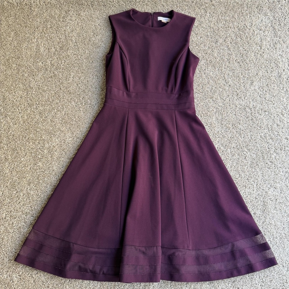 Calvin Klein Dress Womens 2 Purple Fit Flare High Neck Sleeveless Knee Length